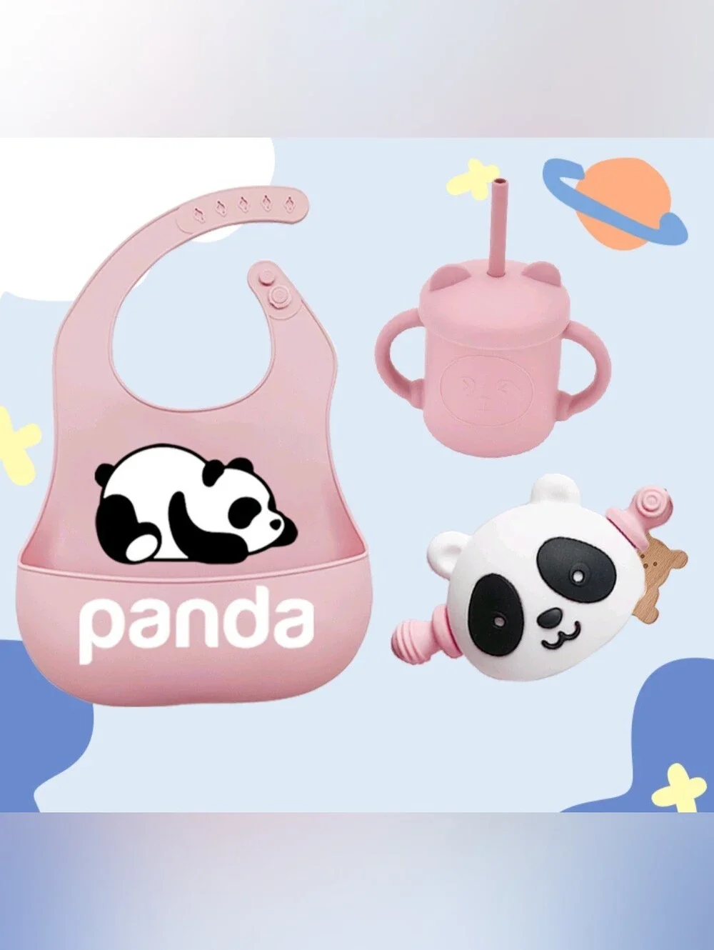Panda Silicone Bib & Sippy Cup Set for Kids - Pink